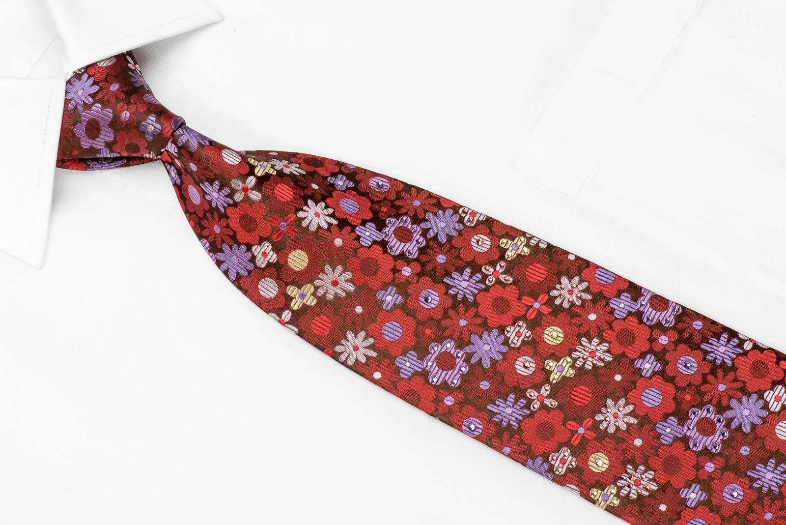 Mila Schon Men's Crystal Silk Necktie Floral On Burgundy Sparkling With Rhinestones