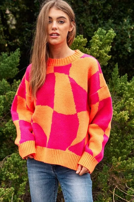 Multi Geo Checker Pullover Knit Sweater Top *Online Only*