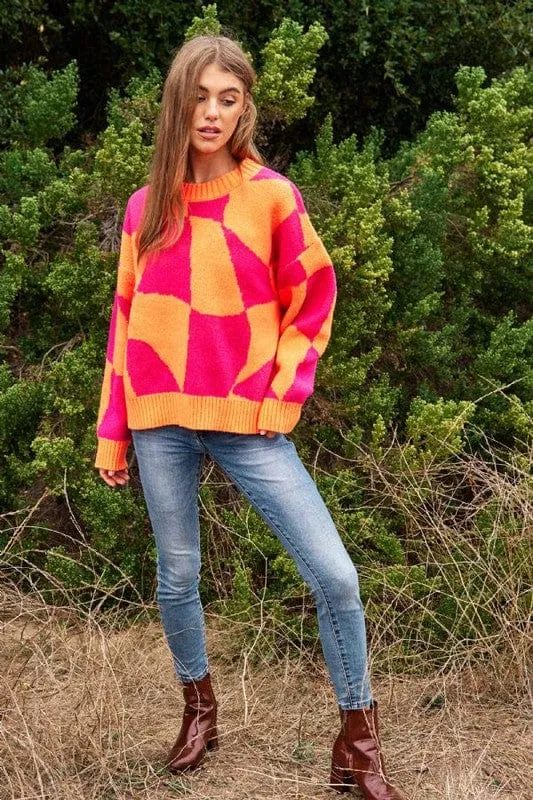 Multi Geo Checker Pullover Knit Sweater Top *Online Only*