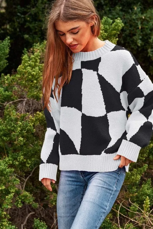 Multi Geo Checker Pullover Knit Sweater Top *Online Only*