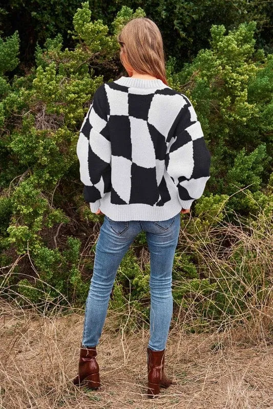 Multi Geo Checker Pullover Knit Sweater Top *Online Only*