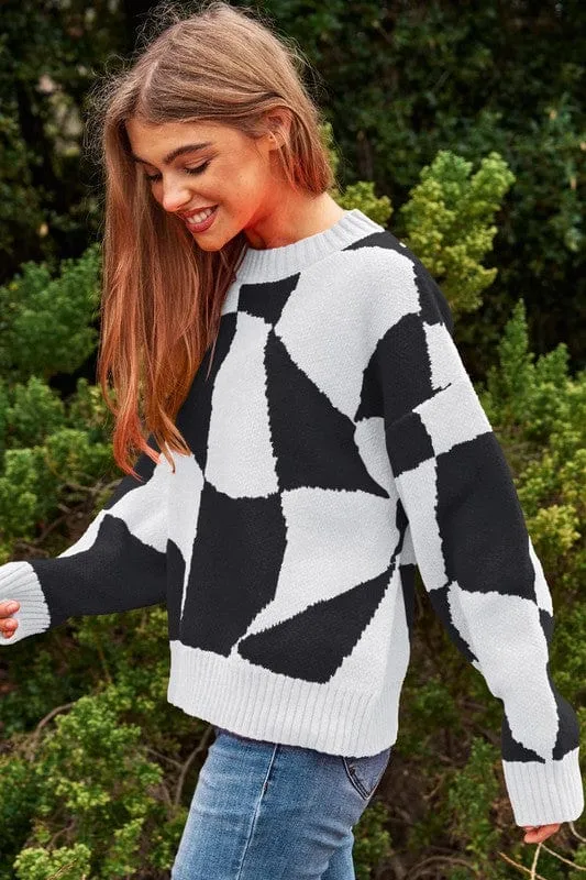 Multi Geo Checker Pullover Knit Sweater Top *Online Only*