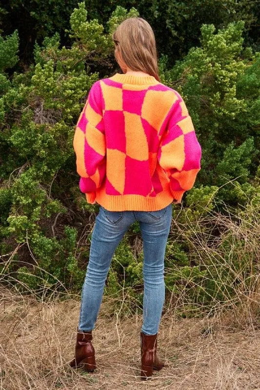 Multi Geo Checker Pullover Knit Sweater Top *Online Only*