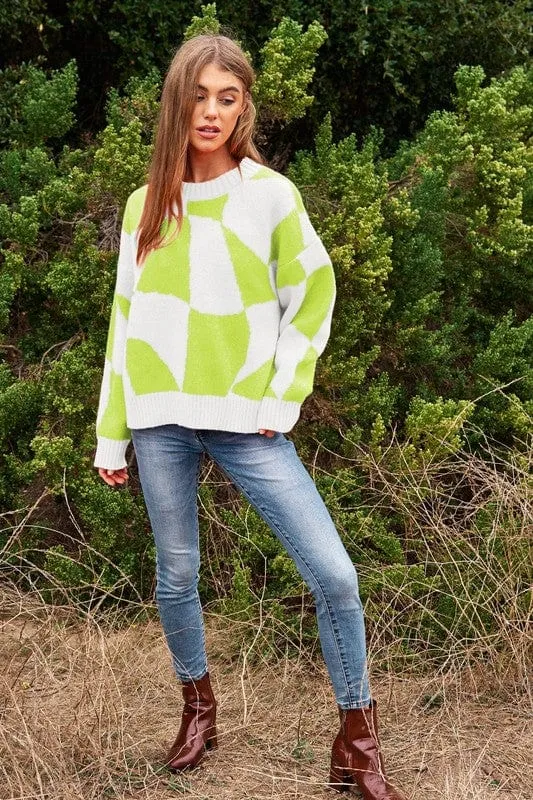 Multi Geo Checker Pullover Knit Sweater Top *Online Only*