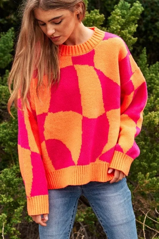 Multi Geo Checker Pullover Knit Sweater Top *Online Only*