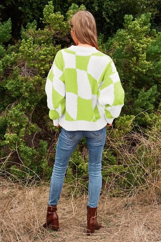 Multi Geo Checker Pullover Knit Sweater Top *Online Only*