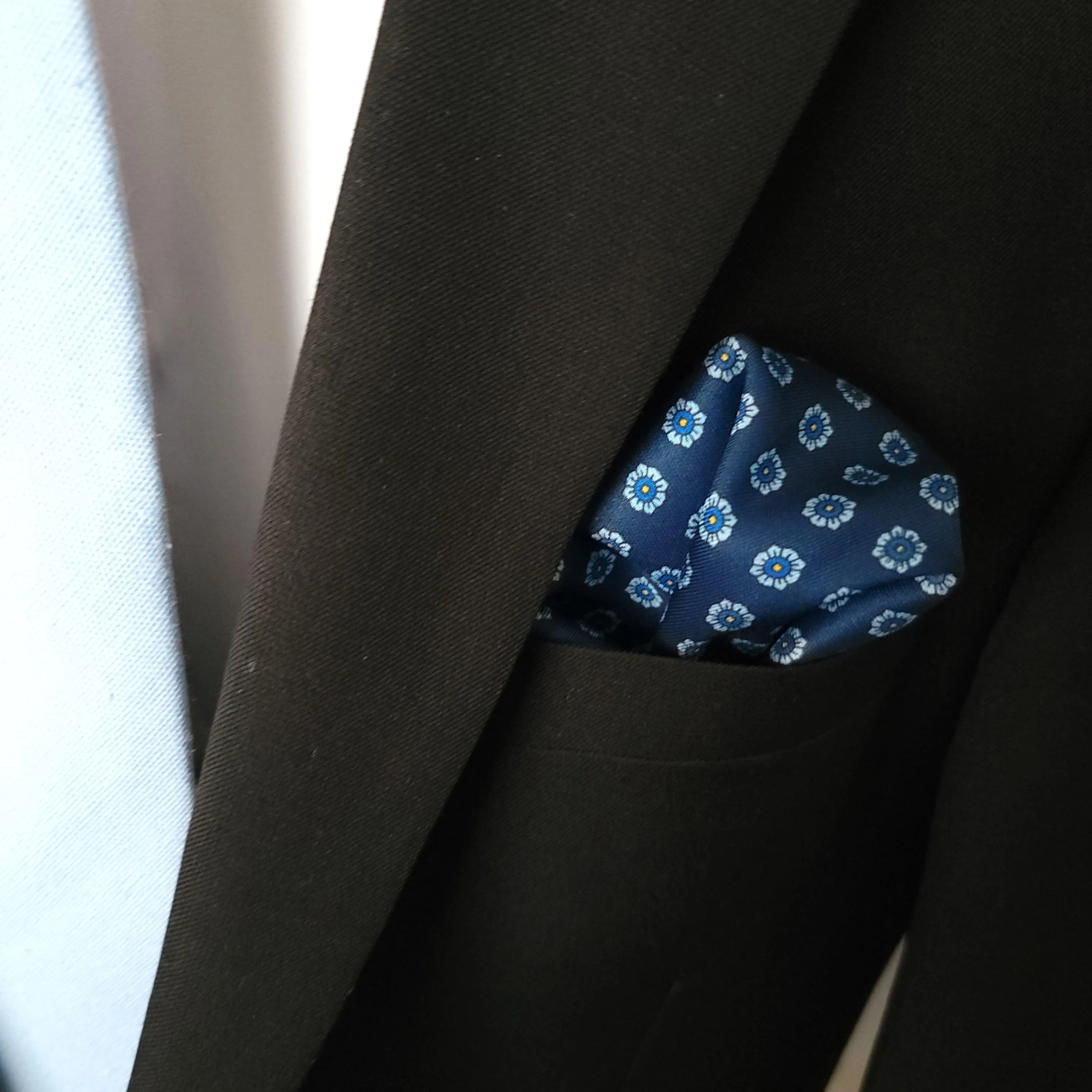 Navy Blue Light Blue Floral Dot Stylish and Elegant Silk Pocket Square