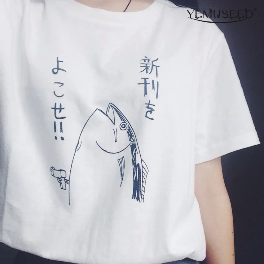 New summer fashion cute basic fish pattern Japanese style HALAJUKU wild funny short sleeve o-neck women White T-shirt