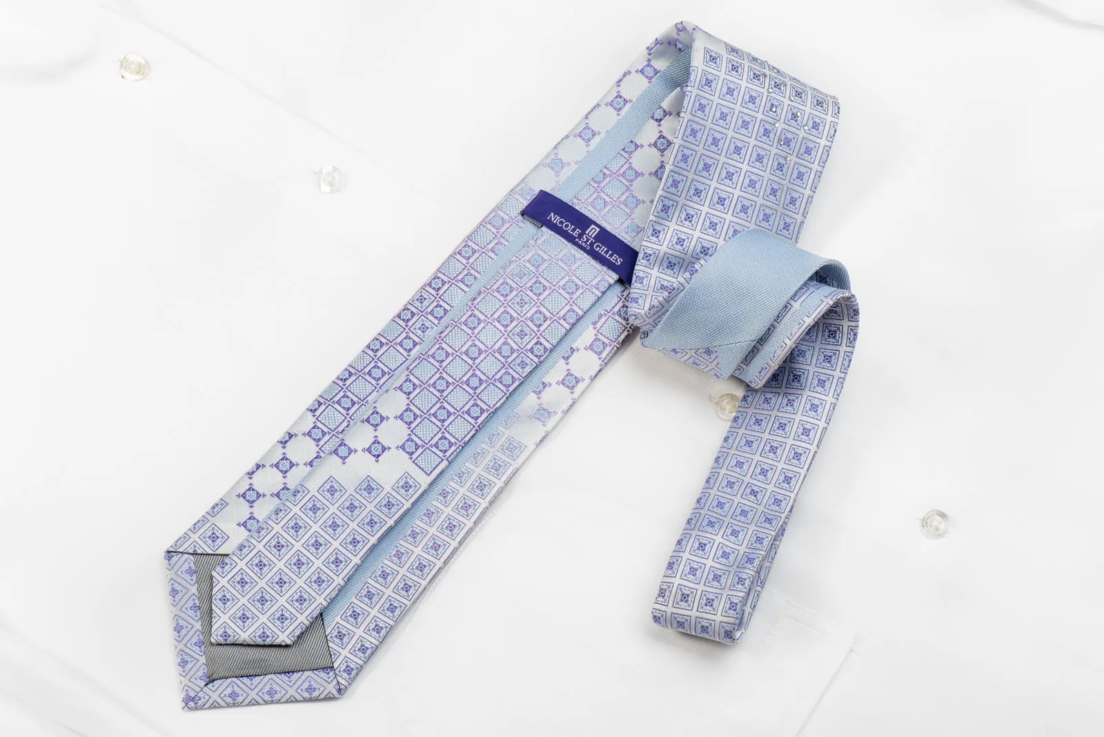 Nicole St Giles Men's Crystal Silk Necktie Geometric On Mauve With Silver Sparkles