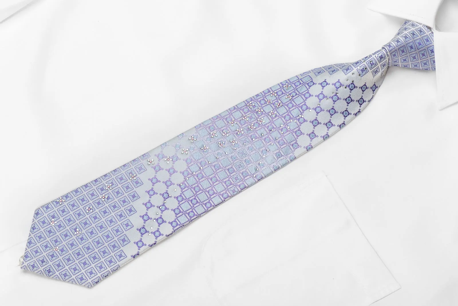 Nicole St Giles Men's Crystal Silk Necktie Geometric On Mauve With Silver Sparkles