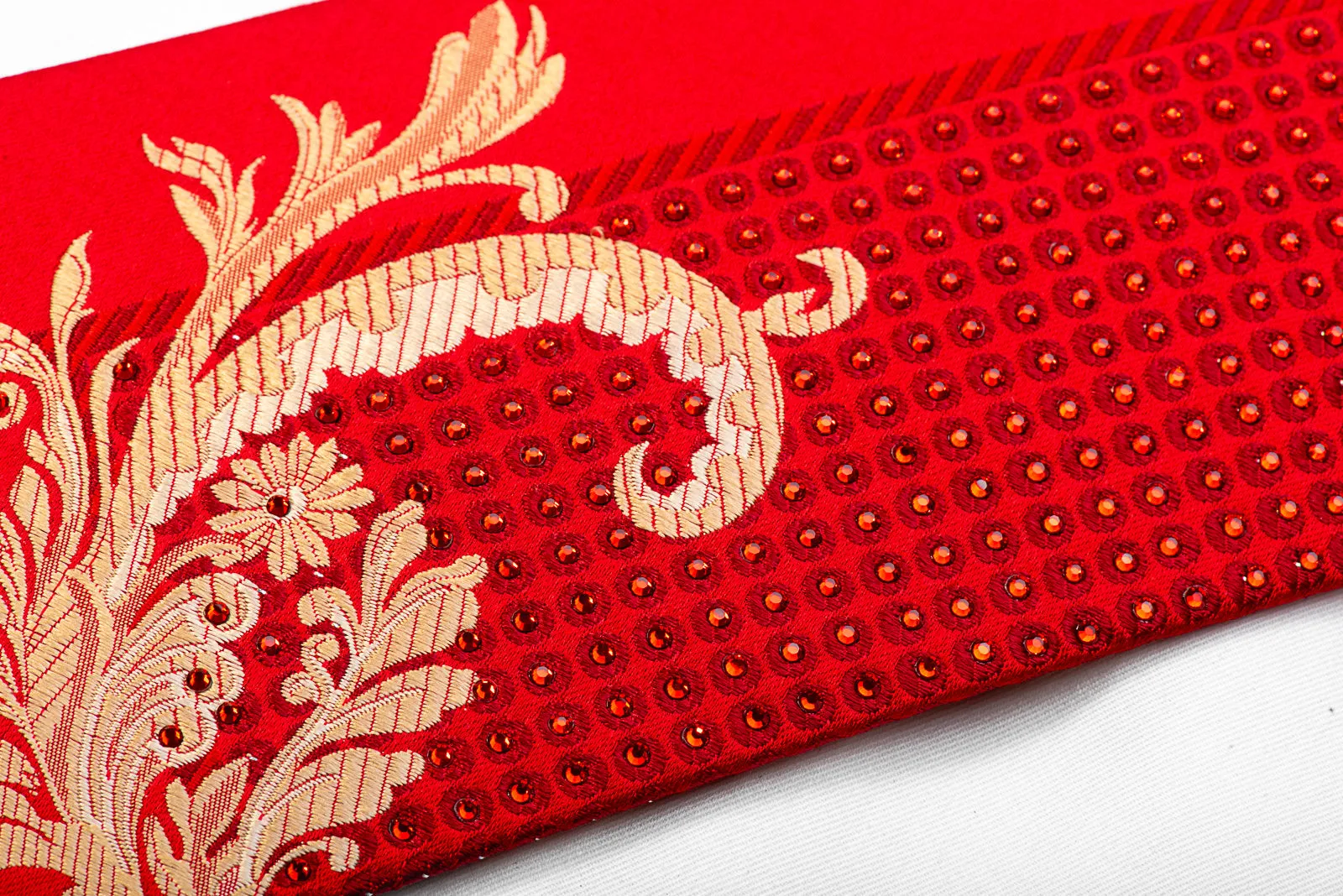 Nina Ricci Silk Necktie Gold Acanthus & red Crystal Rhinestones On Red