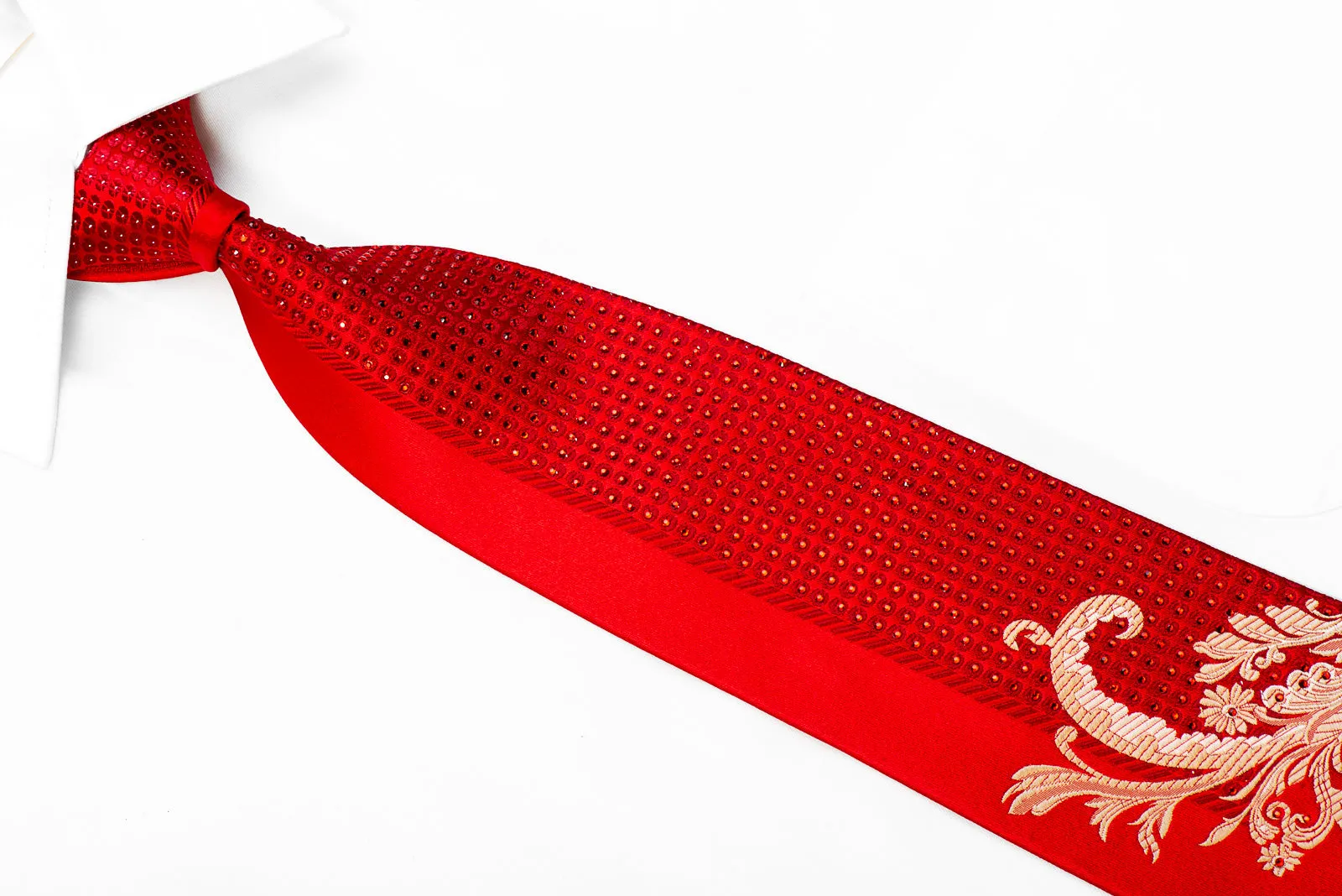 Nina Ricci Silk Necktie Gold Acanthus & red Crystal Rhinestones On Red