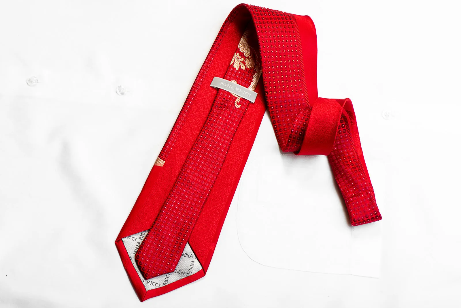 Nina Ricci Silk Necktie Gold Acanthus & red Crystal Rhinestones On Red