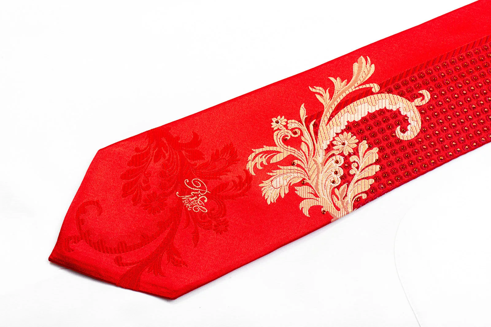 Nina Ricci Silk Necktie Gold Acanthus & red Crystal Rhinestones On Red