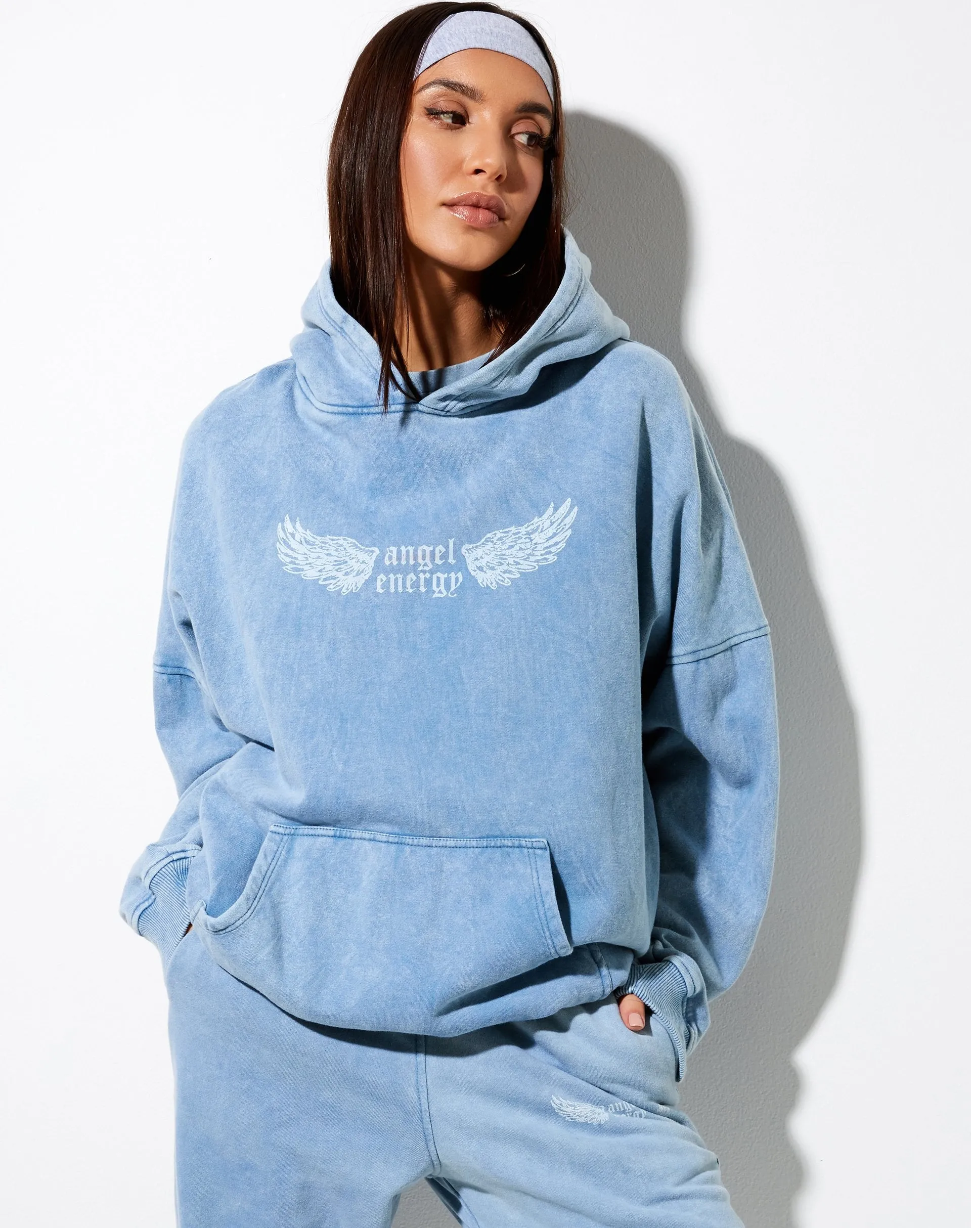 Oversize Hoodie in Washed Blue 'Angel Energy' Wings