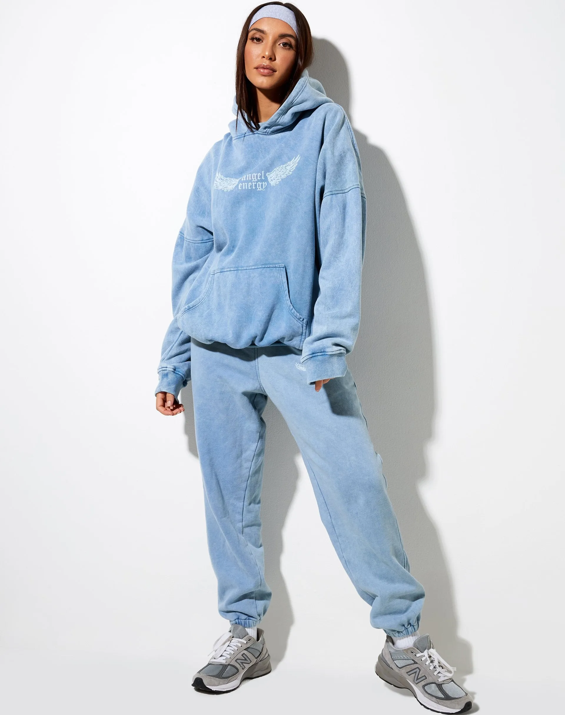 Oversize Hoodie in Washed Blue 'Angel Energy' Wings