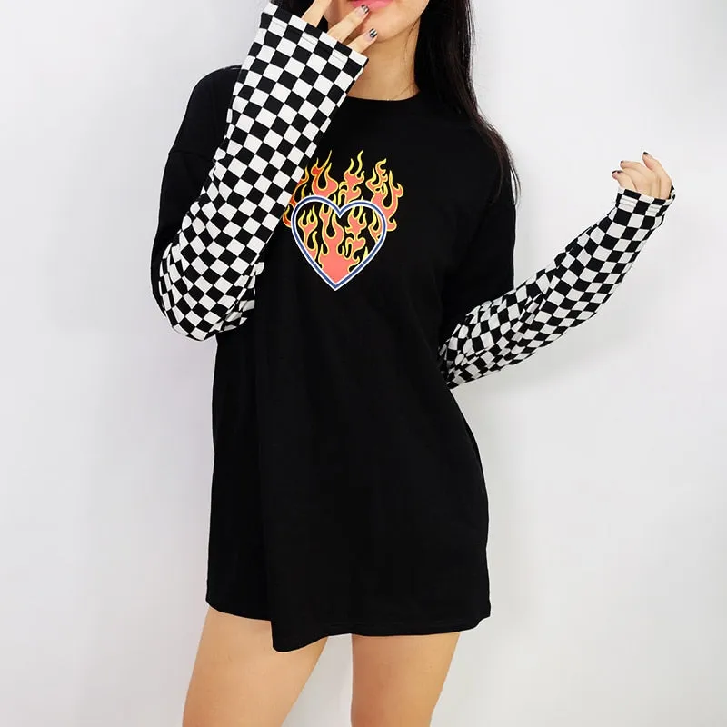 Oversized Cotton Checkerboard Patchwork Graphic Plus Size Long Sleeve