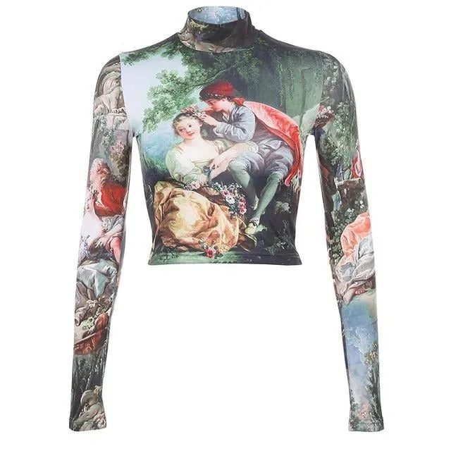 Painting Vintage Cartoon Pattern Cute Turtleneck Crop Top Long Sleeve