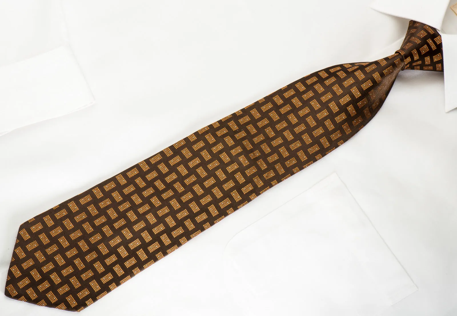 Pal Zileri Necktie Golden Yellow Geometric On Dark Brown Woven Silk