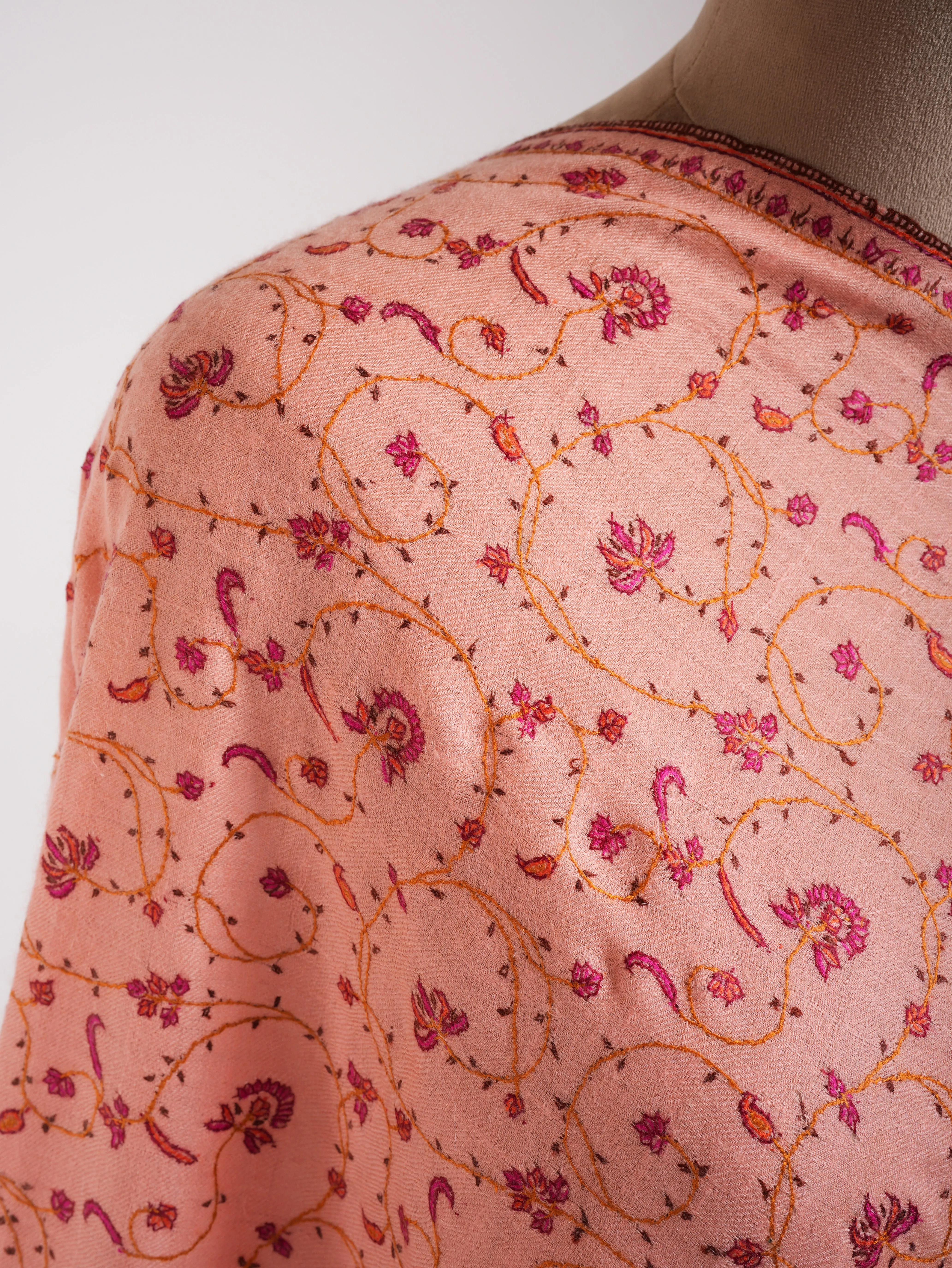 Peach Pink Sozni Embroidered Kashmiri Cashmere Wrap