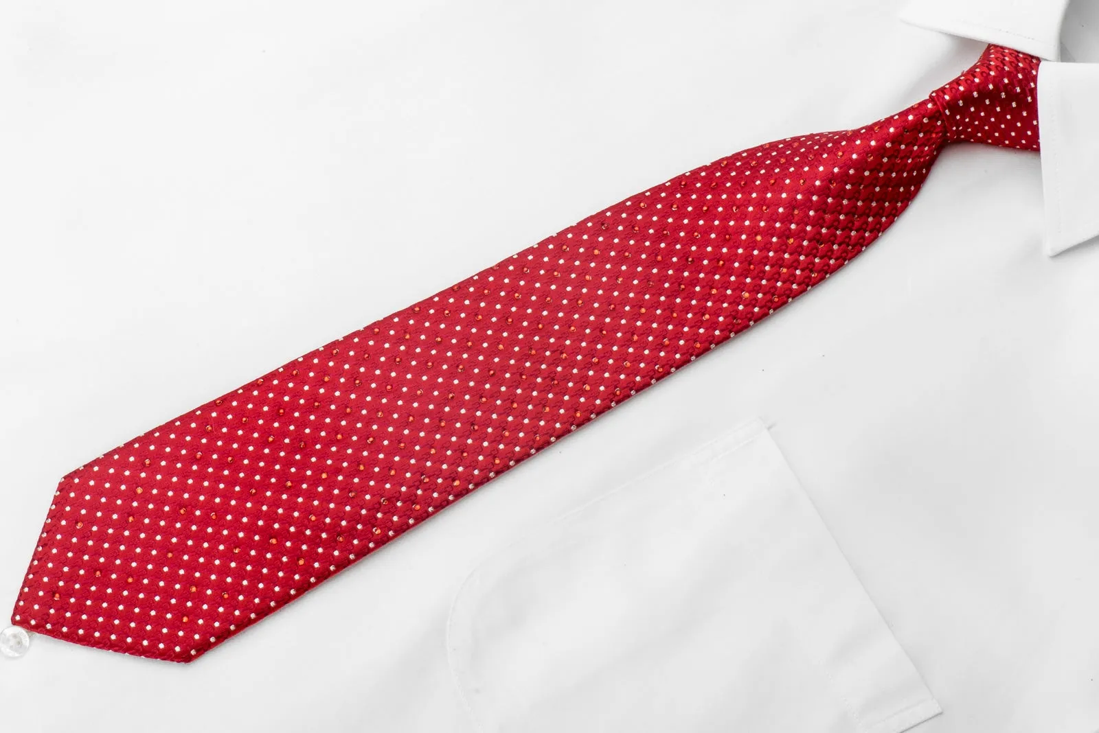 Perry Ellis Men's Crystal Necktie Silver Micro Squares On Red With Sparkles