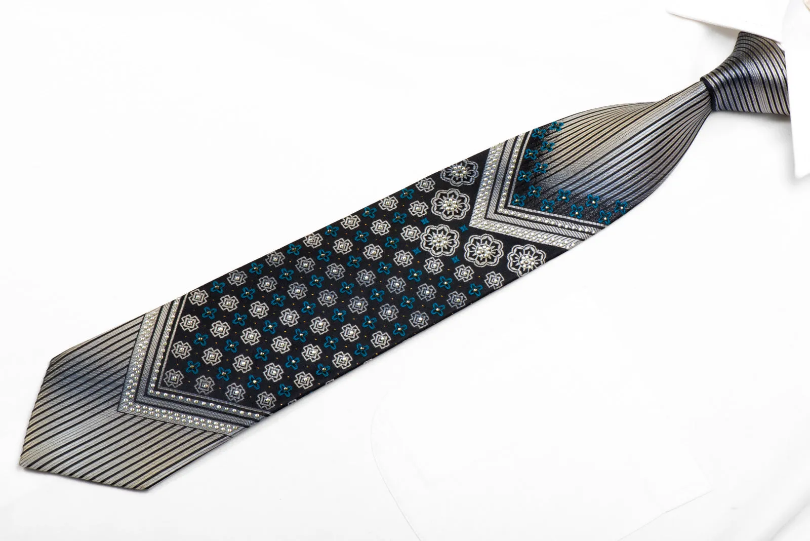 Perry Ellis Rhinestone Silk Necktie Silver V-Striped On Black With Silver Sparkles