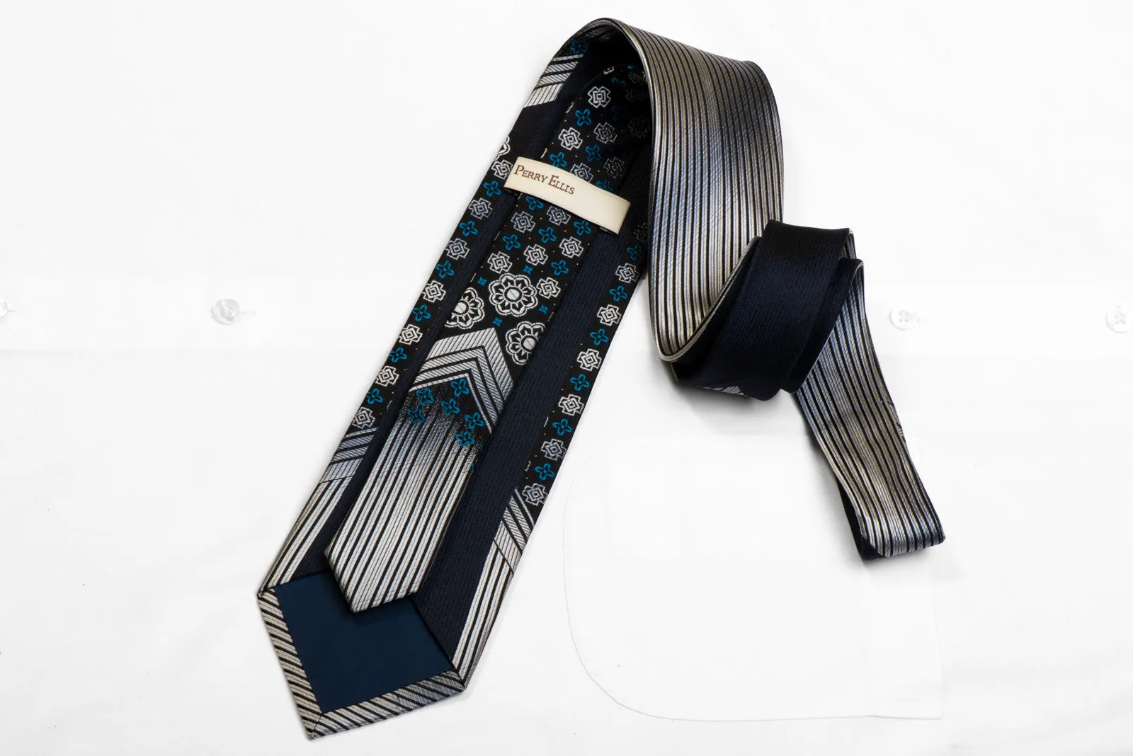 Perry Ellis Rhinestone Silk Necktie Silver V-Striped On Black With Silver Sparkles