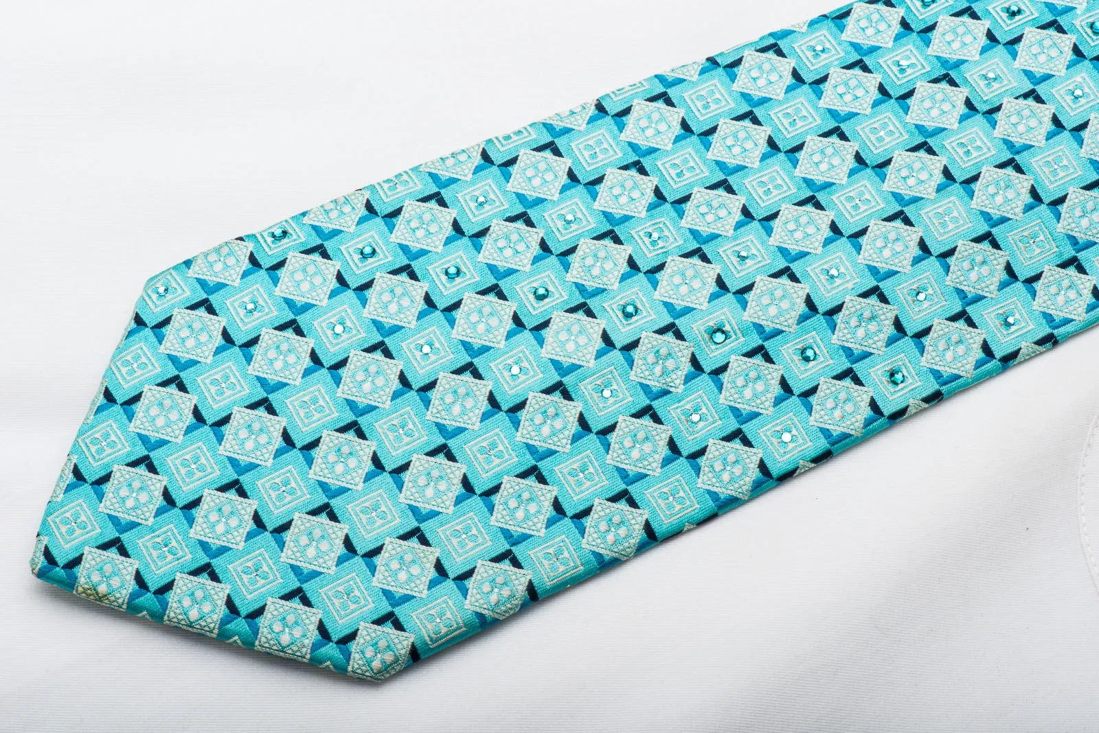 Pierre Cardin Mens Rhinestone Tie Geometric On Light Blue Silk With Silver Sparkles