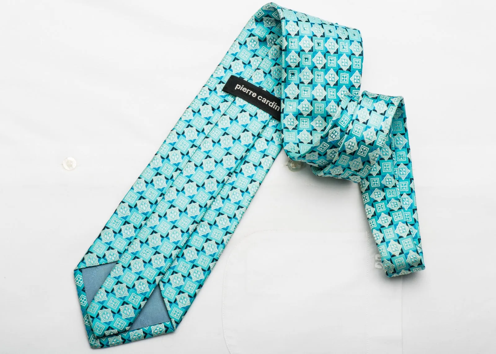 Pierre Cardin Mens Rhinestone Tie Geometric On Light Blue Silk With Silver Sparkles