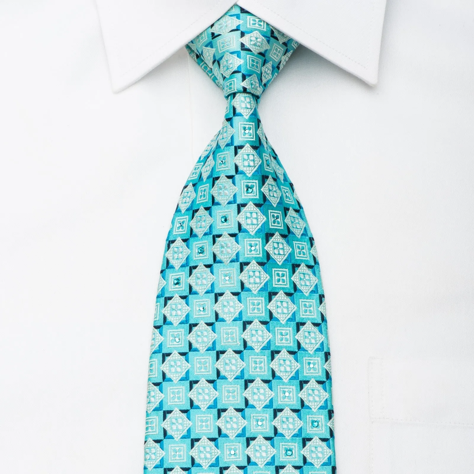 Pierre Cardin Mens Rhinestone Tie Geometric On Light Blue Silk With Silver Sparkles