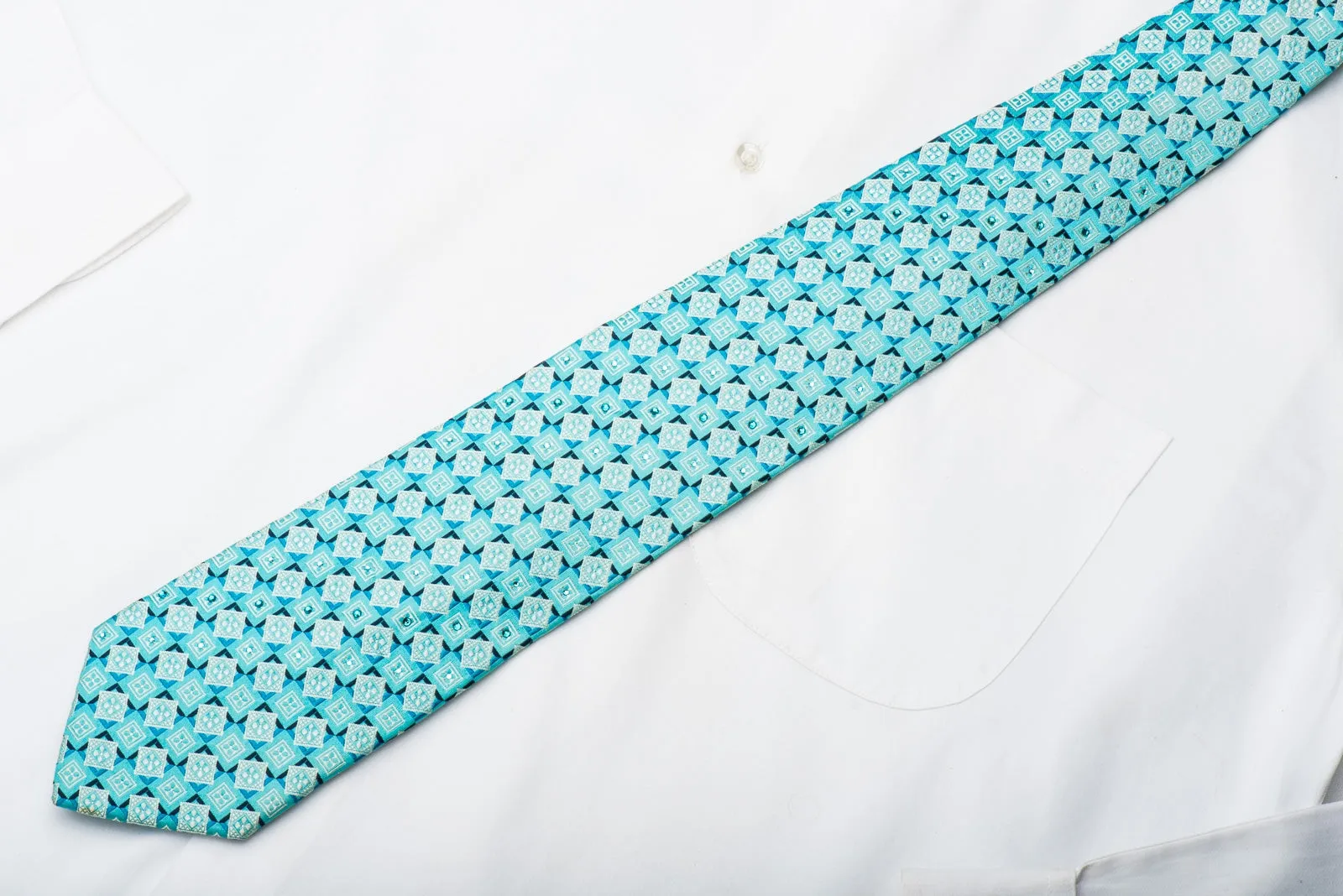 Pierre Cardin Mens Rhinestone Tie Geometric On Light Blue Silk With Silver Sparkles