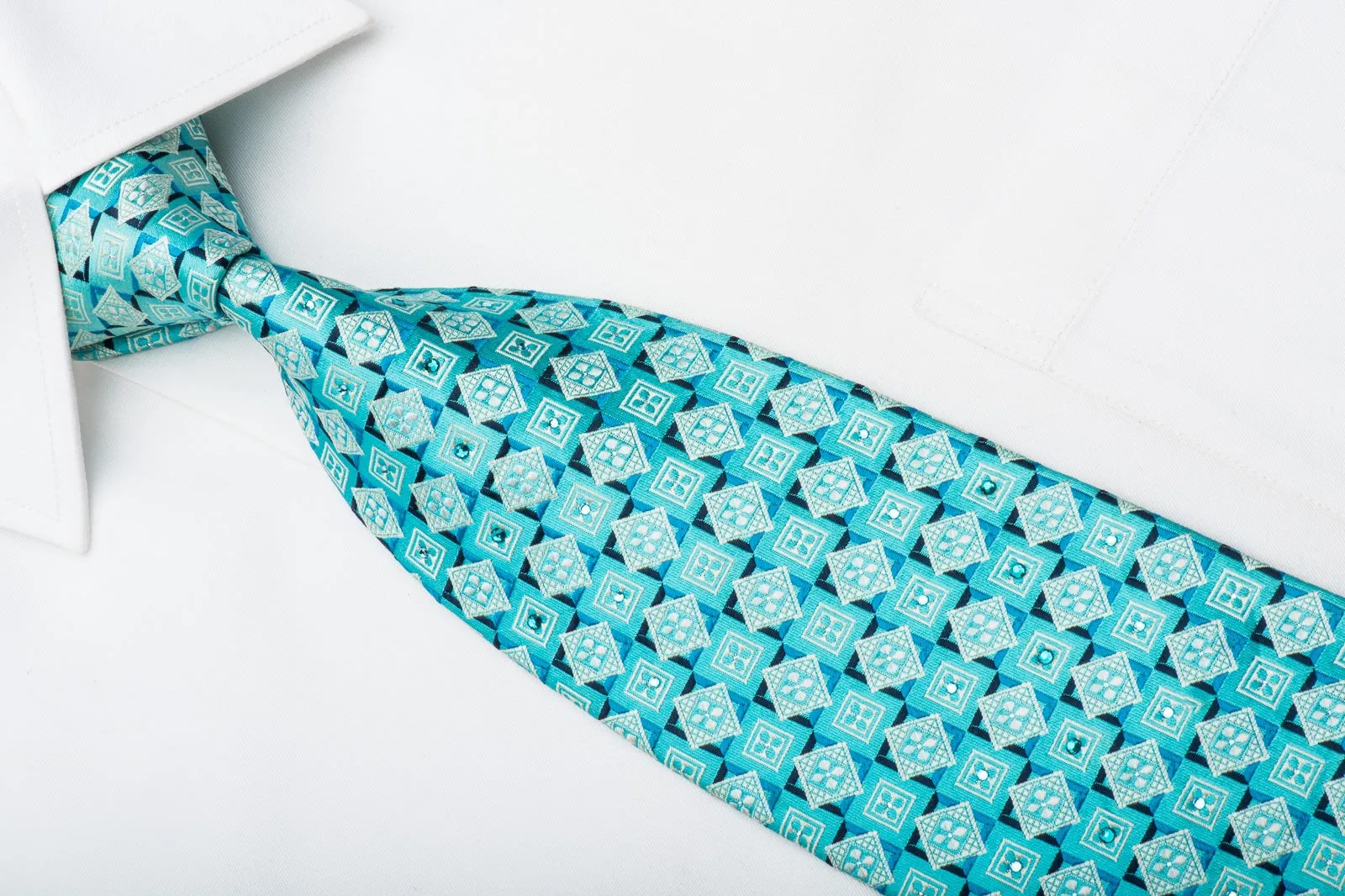 Pierre Cardin Mens Rhinestone Tie Geometric On Light Blue Silk With Silver Sparkles