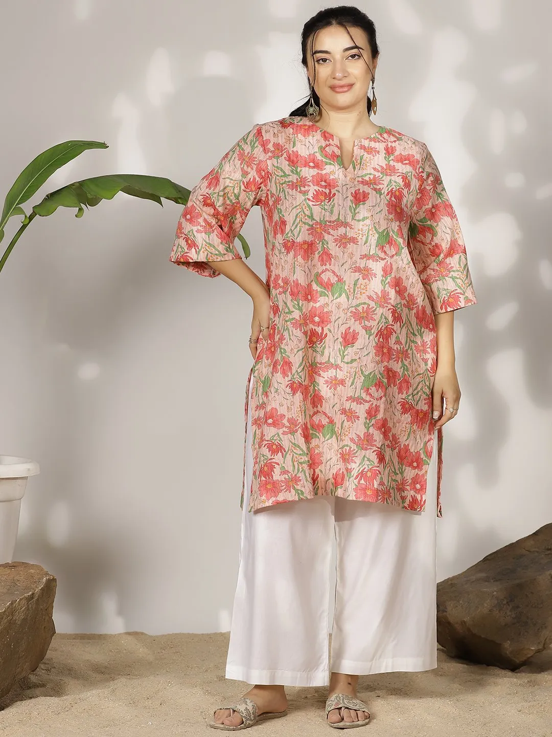 PinkFloral Cotton LongKurta