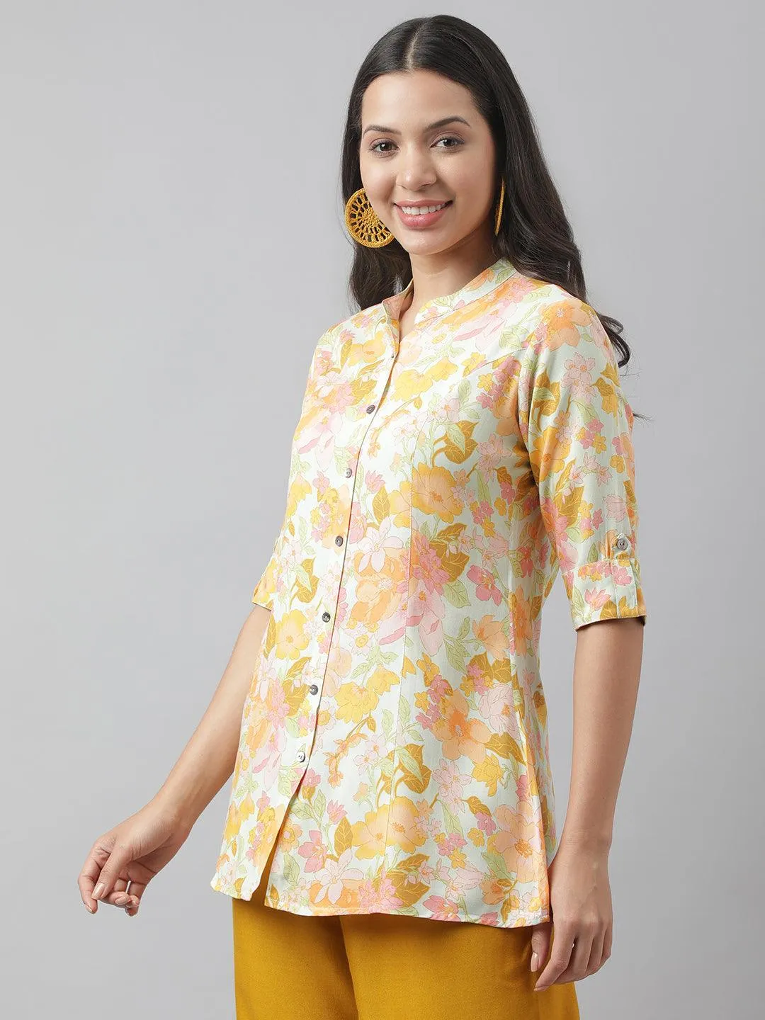 Pista Green Floral Printed Rayon A-Line Shirt Style Top