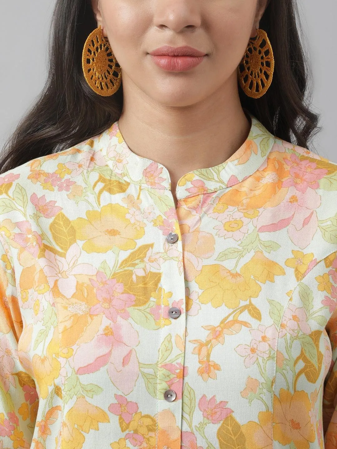 Pista Green Floral Printed Rayon A-Line Shirt Style Top