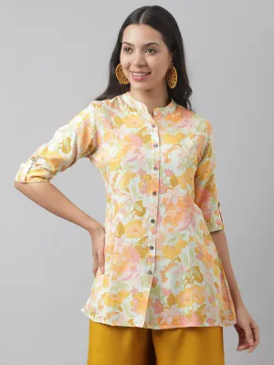 Pista Green Floral Printed Rayon A-Line Shirt Style Top