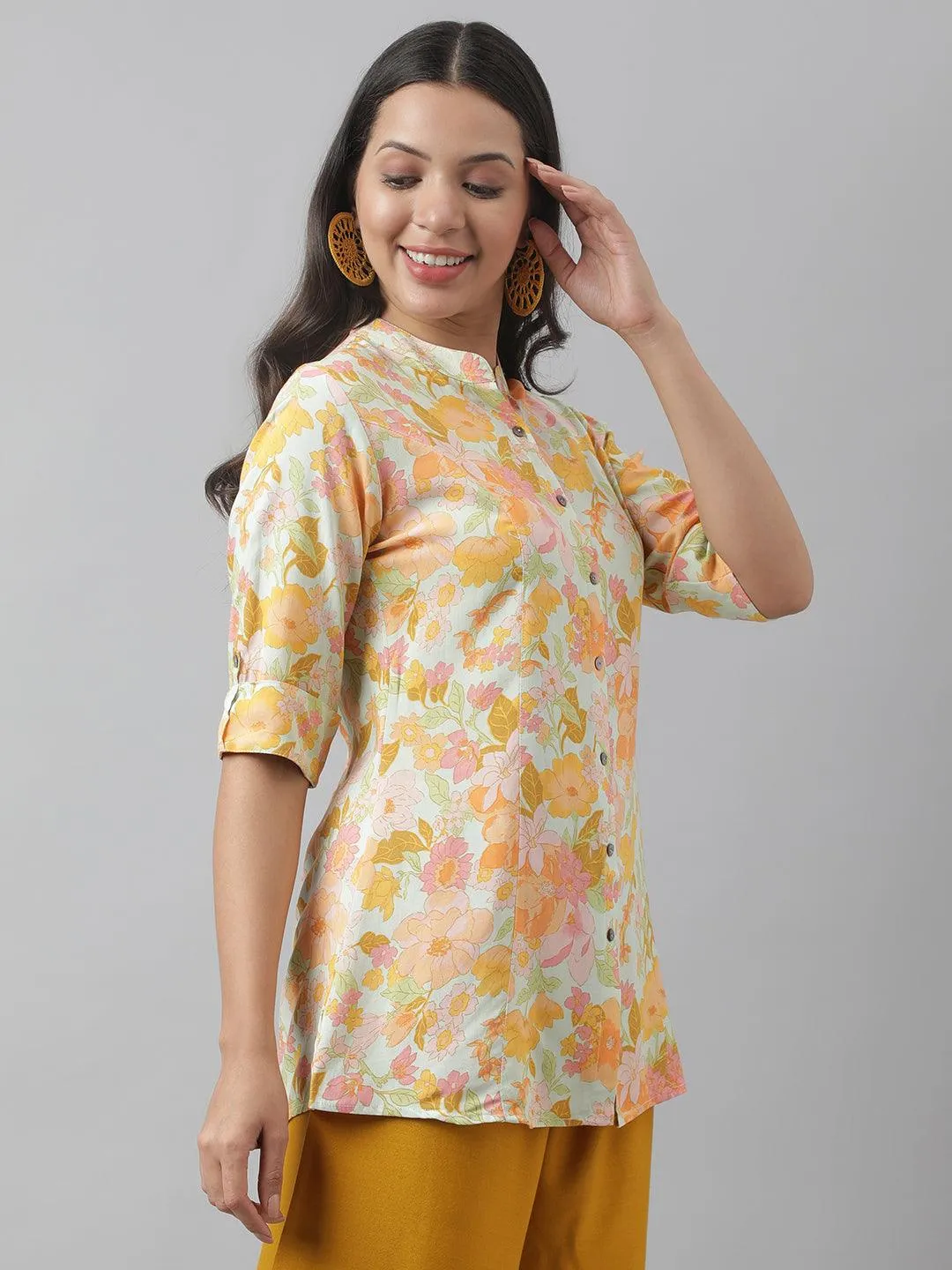 Pista Green Floral Printed Rayon A-Line Shirt Style Top