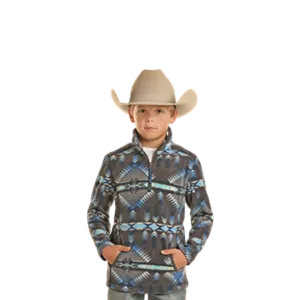 Powder River Kid's Navajo Print Fleece Charcoal and Blue Pullover