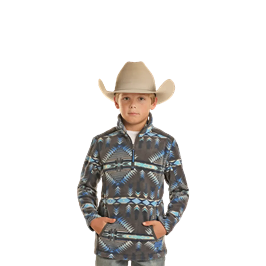 Powder River Kid's Navajo Print Fleece Charcoal and Blue Pullover