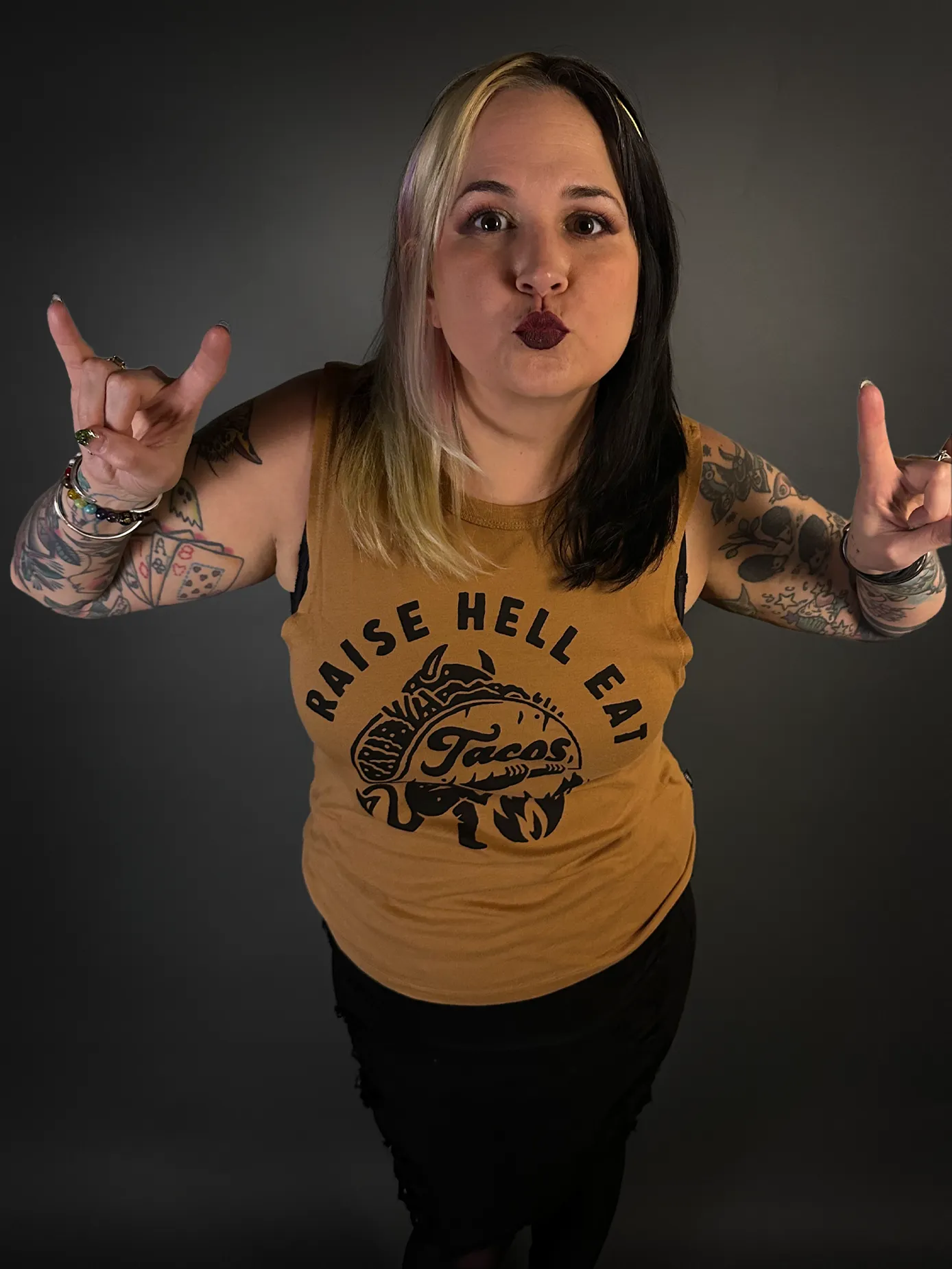 Pyknic "Raise Hell Eat Tacos" Women's T-Shirt Tank Top in Rust Brown