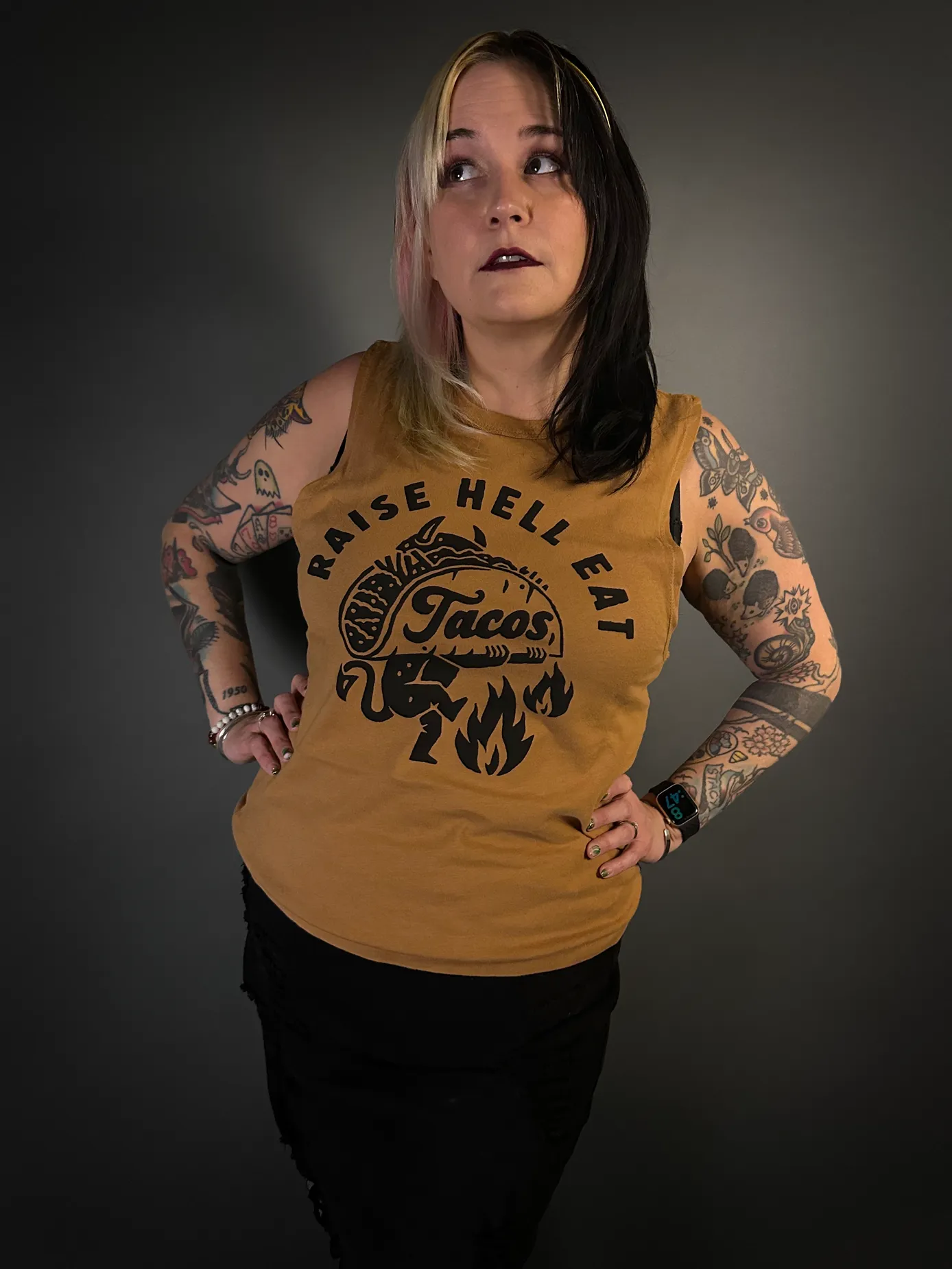 Pyknic "Raise Hell Eat Tacos" Women's T-Shirt Tank Top in Rust Brown