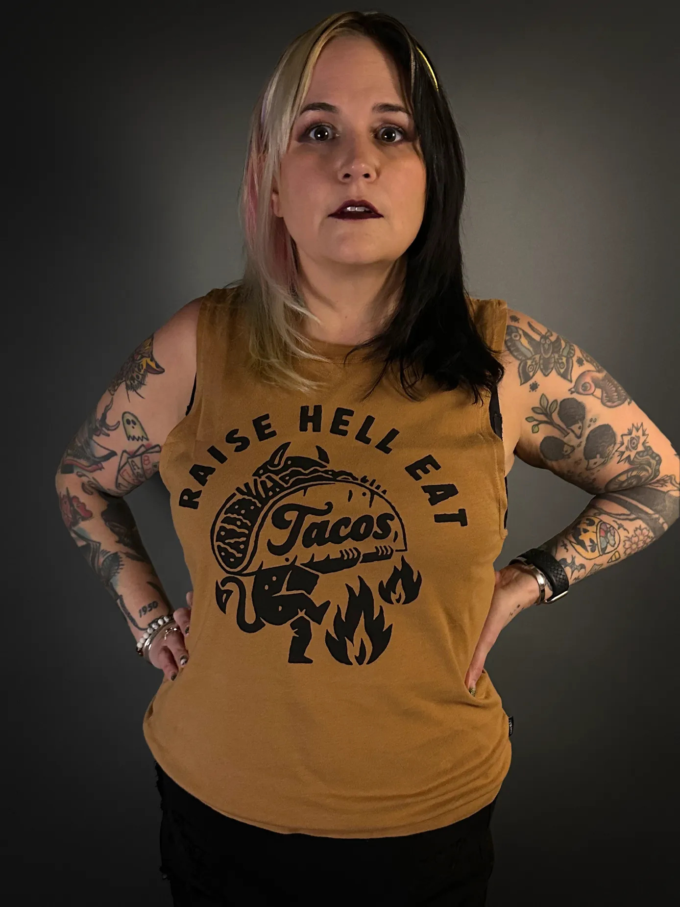 Pyknic "Raise Hell Eat Tacos" Women's T-Shirt Tank Top in Rust Brown