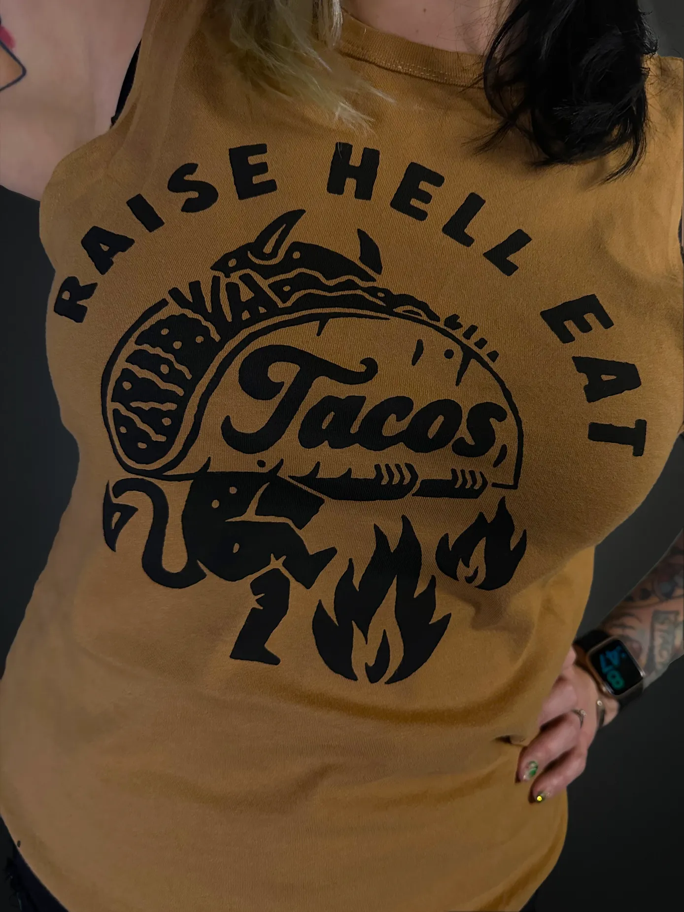 Pyknic "Raise Hell Eat Tacos" Women's T-Shirt Tank Top in Rust Brown