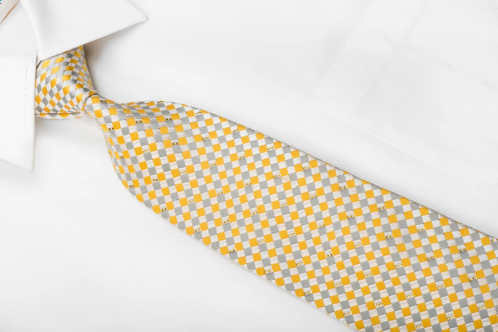 Renoma Men's Crystal Rhinestone Necktie Yellow Silver Checker Design With Sparkles