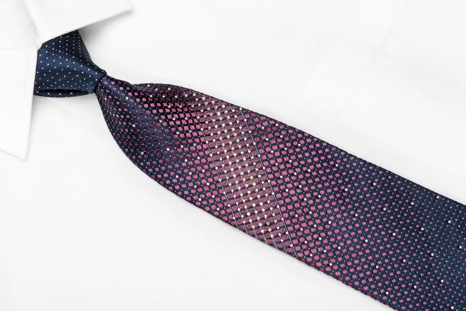 Renoma Men's Crystal Silk Necktie Purple Geometric On Navy With Purple Sparkles