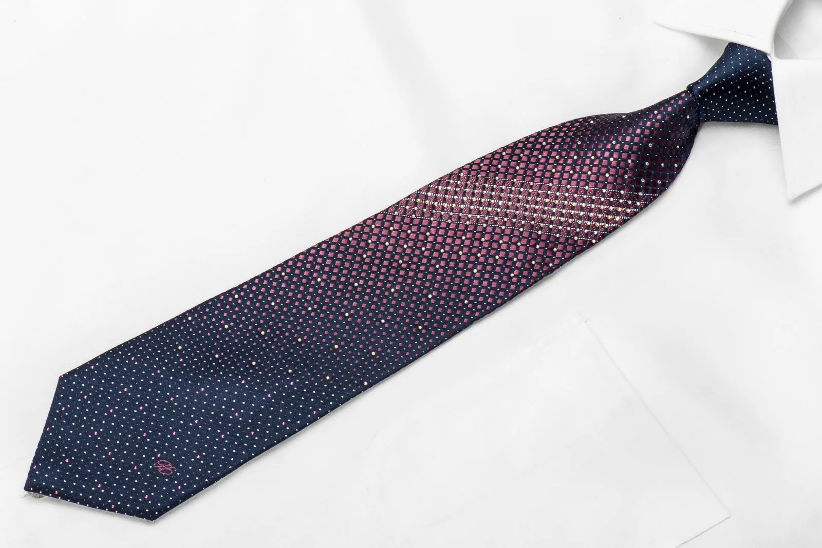 Renoma Men's Crystal Silk Necktie Purple Geometric On Navy With Purple Sparkles