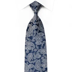 Renoma Men's Crystal Silk Necktie Silver Paisley On Blue With Silver Sparkles