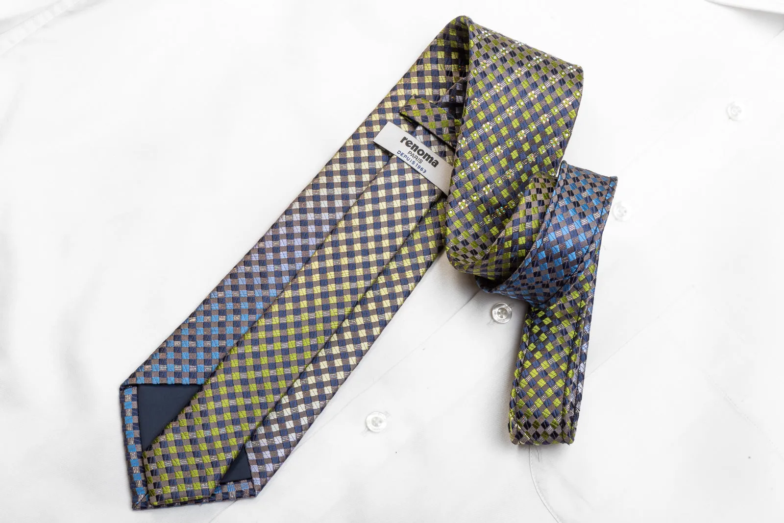 Renoma Men's Rhinestone Necktie Green Brown Checkered With Silver Sparkles