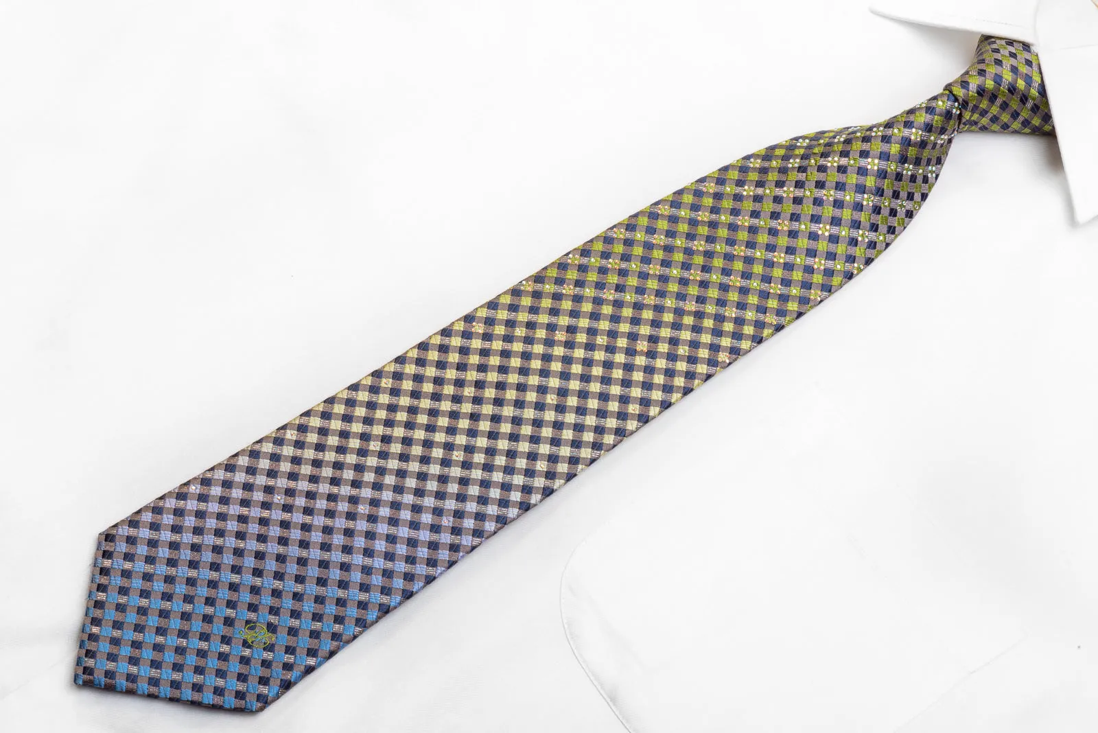 Renoma Men's Rhinestone Necktie Green Brown Checkered With Silver Sparkles