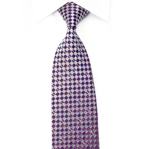 Renoma Men's Rhinestone Necktie Silver Purple Checkered With Silver Sparkles